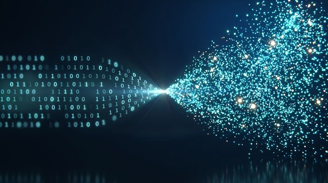 Binary code transforming into digital data particles. Abstract technology background with light flow.