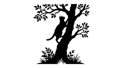Helloween Black cat silhouette climbing tree, feline icon, tree climbing cat, animal illustration isolated on White Background vector © MdAbdul