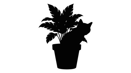 Helloween Black silhouette cat, potted plant, feline, pet, leafy greens isolated on White Background vector © MdAbdul