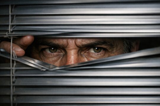 A close-up view of a person peeking through window blinds, with a hint of curiosity