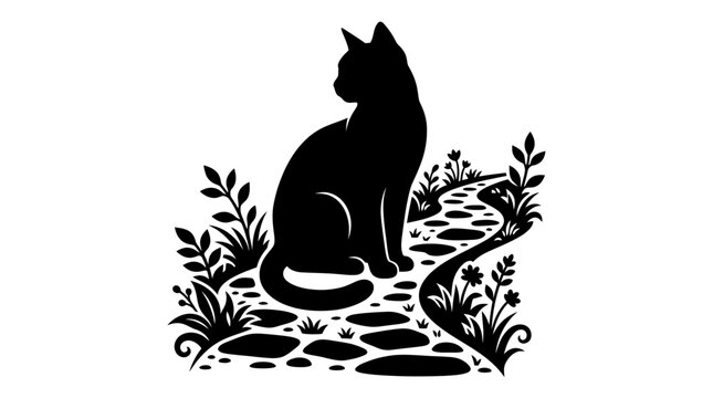 Helloween Black cat silhouette, sitting cat, feline icon, animal design, pet illustration isolated on White Background vector