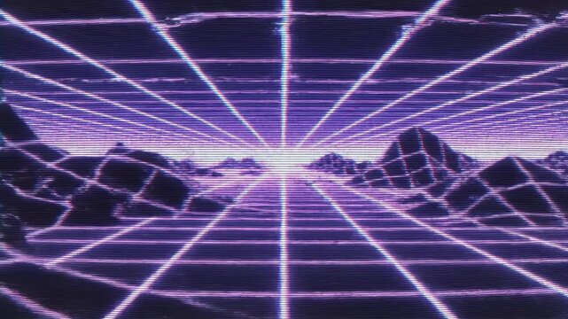 A vibrant, retro-futuristic landscape featuring a stylized castle nestled amongst jagged peaks, overlaid with a grid pattern and a textured foreground