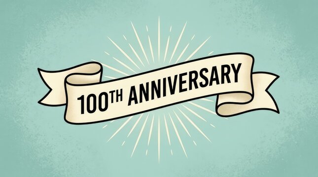 100th anniversary celebration banner with golden ribbon. Century milestone badge for corporate event or business jubilee.