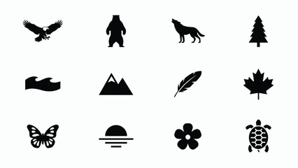 Fototapeta premium Black and white minimalist wildlife and nature symbols collection with mountain with flat silhouette style against neutral background versatile graphic use