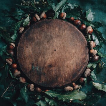 Dark wood disc with green leaves.