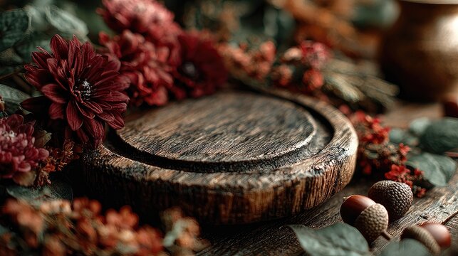 Dark wood pedestal with red flowers.