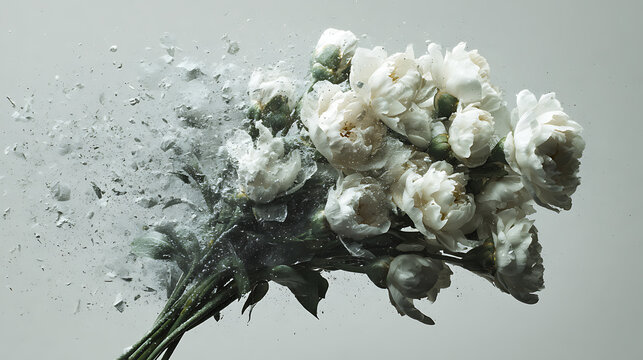 Mental health concept with a bouquet of white peonies dissolving into dust, symbolizing grief, emotional exhaustion, fragile hope, healing, loss, resilience and personal transformation