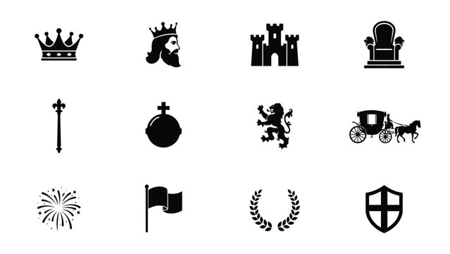Elegant black and white royalty and heraldry icon collection with minimalist style against clean white background versatile graphic use ceremonial symbols