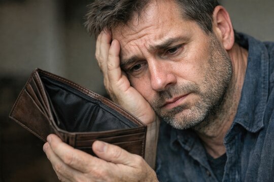 A person covering their face with a wallet, likely hiding or ashamed