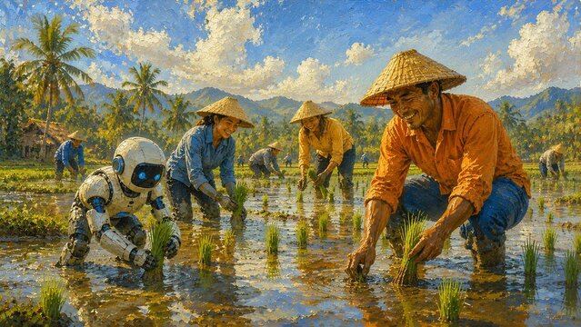 Oil painting of farmers planting rice with a friendly service robot in flooded paddies beneath tropical skies, blending sustainable agriculture, teamwork, innovation and vibrant rural landscapes.