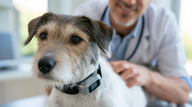 Smart Pet Health Wearables Veterinarian Examining Dog With Health Tracking Collar