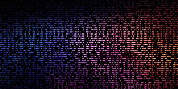Abstract binary code stream background with colorful digital data matrix display glow.