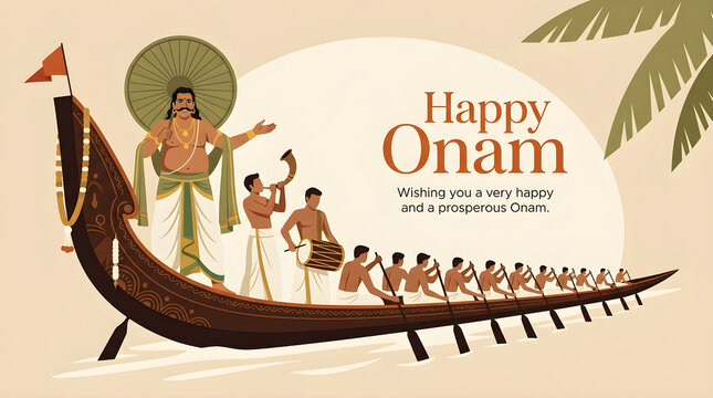 Festive Onam celebration with traditional boat and dancers. Cultural festival scene with vibrant attire and joyful mood
