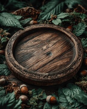 Dark wood platter on forest floor.
