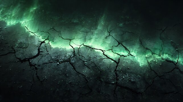 Glowing green fissure in cracked dark earth shining with intense bioluminescent or radioactive light through deep fractures creating a dramatic sci-fi fantasy texture
