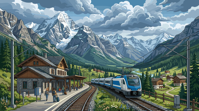 Scenic vector illustration of a modern train at a rural station in an alpine valley. Passengers with luggage wait on the platform with snow-capped mountains behind.