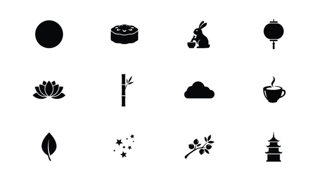 Minimalist black icon set featuring cultural symbols and natural elements in flat design with showcases collection nine distinct black silhouette icons arranged grid