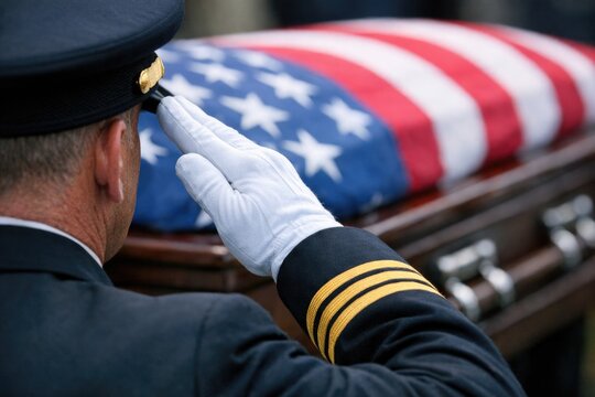 A man in uniform pays respects to a deceased person at a funeral with an American flag draped over the casket