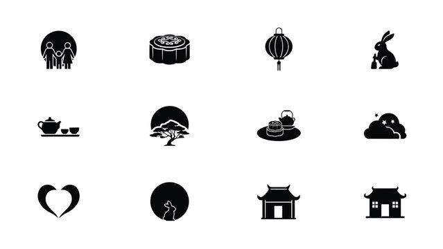 Minimalist black and white icon set featuring cultural symbols tea family with all rendered bold black outlines against stark white background timeless