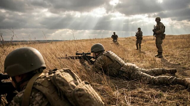 Footage of military soldiers in full gear lying prone in a dry grassy field holding rifles during tactical field training under a dramatic cloudy sky.