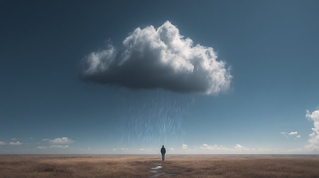 Conceptual landscape with a solitary person beneath a single rain cloud, symbolizing depression, anxiety, emotional burden, resilience, hope, healing, recovery and inner balance