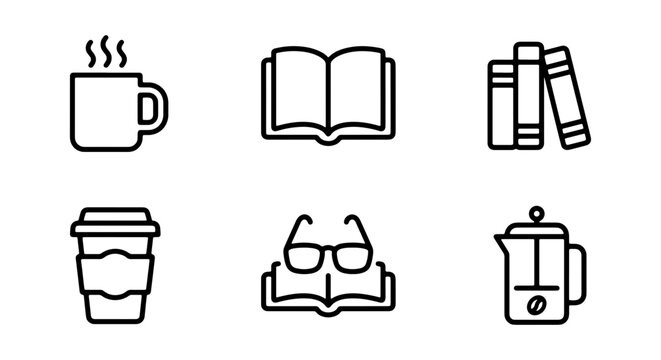 Cozy Reading Icons: Hot Coffee Mug, Open Books, Stacked Books, Takeaway Cup, Glasses, French Press, Vector Set