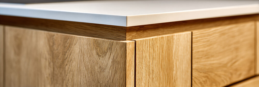 Modern oak wood kitchen cabinets with white solid surface countertop featuring minimalist handleless design and clean corner joint detail in contemporary home interior