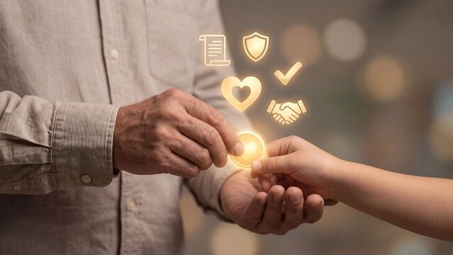 Generational wealth transfer and family legacy, elderly hand giving coin with heart to child hand with will document and shield icons, inheritance gift, charitable giving and generational trust