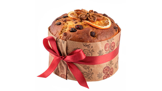 Traditional Easter cake kulich with chocolate glaze and red ribbon isolated on transparent background