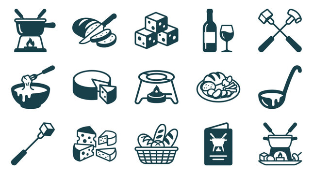 Comprehensive collection of fifteen cheese fondue vector icons featuring a caquelon pot on a burner, long forks, cheese cubes, wedges, sliced bread, wine bottle, and dipping scenes.
