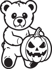 A cute cartoon bear with a drooling mouth stands next to a carved Halloween pumpkin with a spooky face, ready for trick-or-treating or a festive celebration. © DesignINKZ