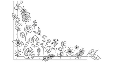 Obraz premium Elegant Botanical Corner Design - Hand-Drawn Floral Elements, Line Art Leaves