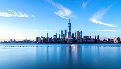 Obraz premium Iconic New York City Skyline at Sunrise Over the Water.