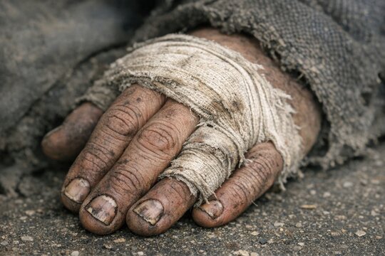 Close-up shot of a person's hand wrapped in bandages, perfect for medical or drama scenes