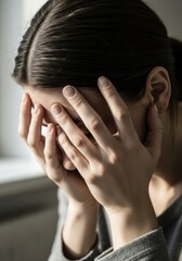 Fototapeta premium Young Woman Covering Her Face with Hands in Despair and Sadness, Concept of Mental Health and Depression