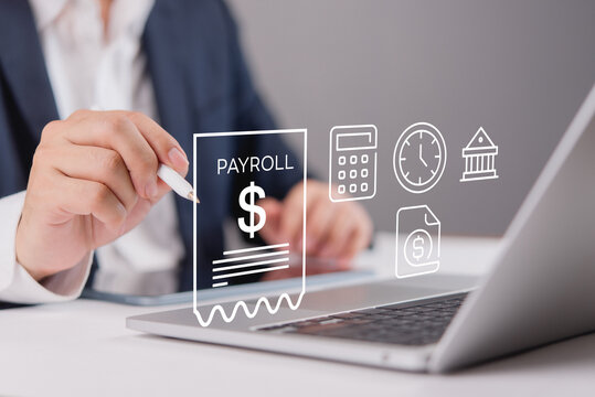 Professional using a laptop and stylus with a glowing digital payroll receipt, calculator, clock, and bank holograms. Corporate accounting, salary processing, and financial administration concept.
