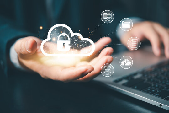 businessman hand holding glowing secure cloud computing network hologram virtual padlock cybersecurity data privacy protection server connection information technology smart composite tech