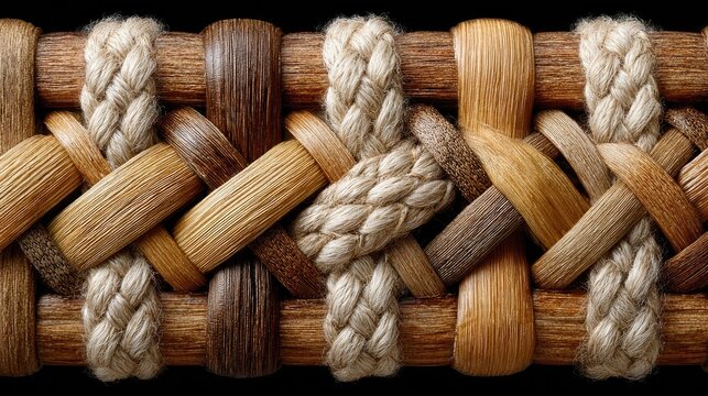 Decorative knotted rope and wooden rod artistic pattern.