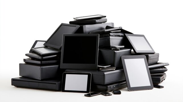 Massive pile of old electronic devices, including tablets, phones, and monitors
