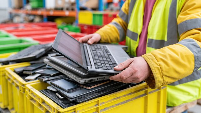 Worker in yellow safety jacket sorts old laptops and phones for recycling in a warehouse