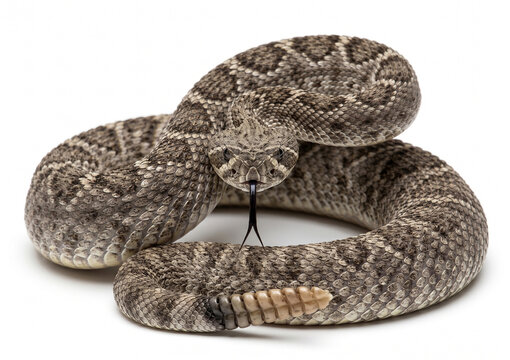 Coiled rattlesnake on white background side view