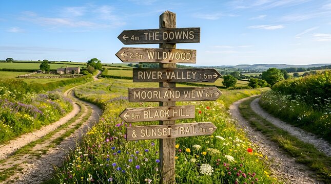 Countryside signpost pointing to multiple scenic destinations with winding paths