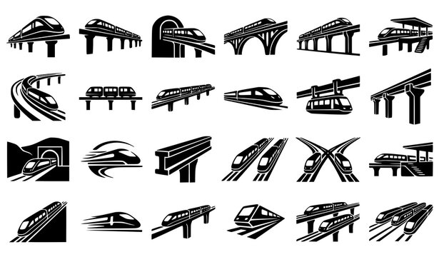 Future Maglev Train Vector Bundle with Elevated Monorail Tunnel and Modern Railway Silhouette Collection Designs