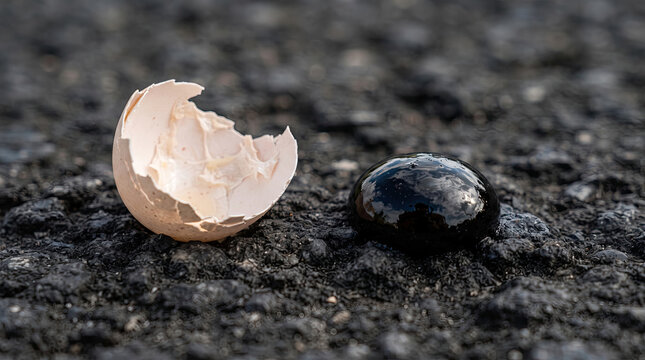 Broken egg shell next to dark viscous liquid blob on textured dark asphalt road surface.