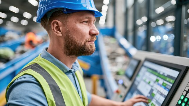 Worker in hard hat and vest operates automated sorting system on a conveyor belt