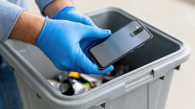 Worker in blue gloves carefully disposes of a smartphone into a recycling bin