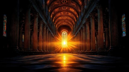 Naklejka premium Golden Light Radiating Inside Grand Cathedral Interior