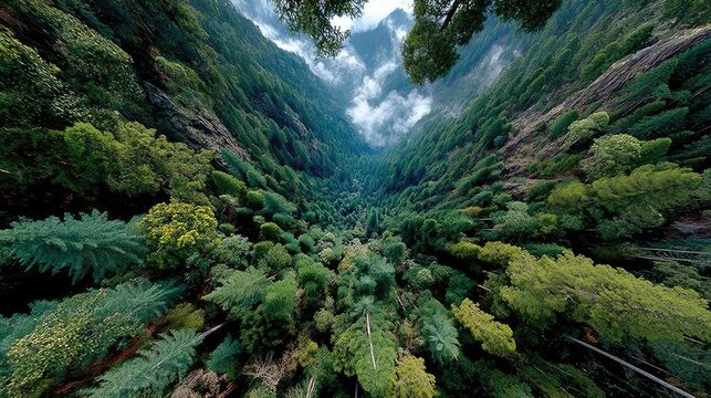 Deep mountain valley filled with evergreen forest.