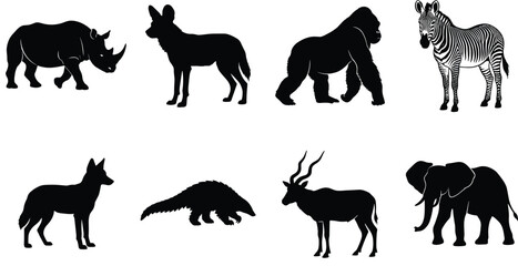 Obraz premium Animal Silhouette Icons Featuring Rhino, Gorilla, Zebra, Elephant, and Domestic Species
