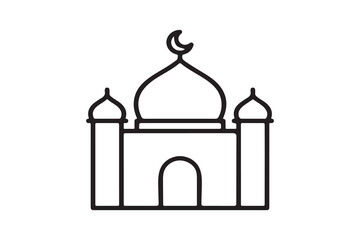 A clean, minimalist vector-style line art illustration of a mosque, featuring a large central dome with a crescent moon symbol and two smaller flanking domes atop towers. The design utilizes bold, bla © Hamidur
